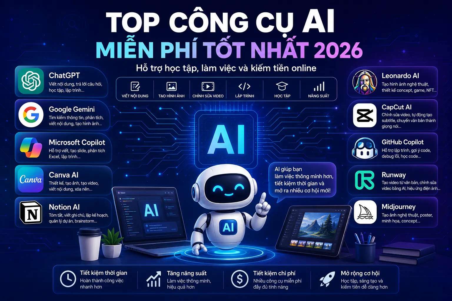 Công Cụ AI Miễn Phí Tốt Nhất 2026: Top AI Hữu Ích Giúp Học Tập, Làm Việc Và Kiếm Tiền Online