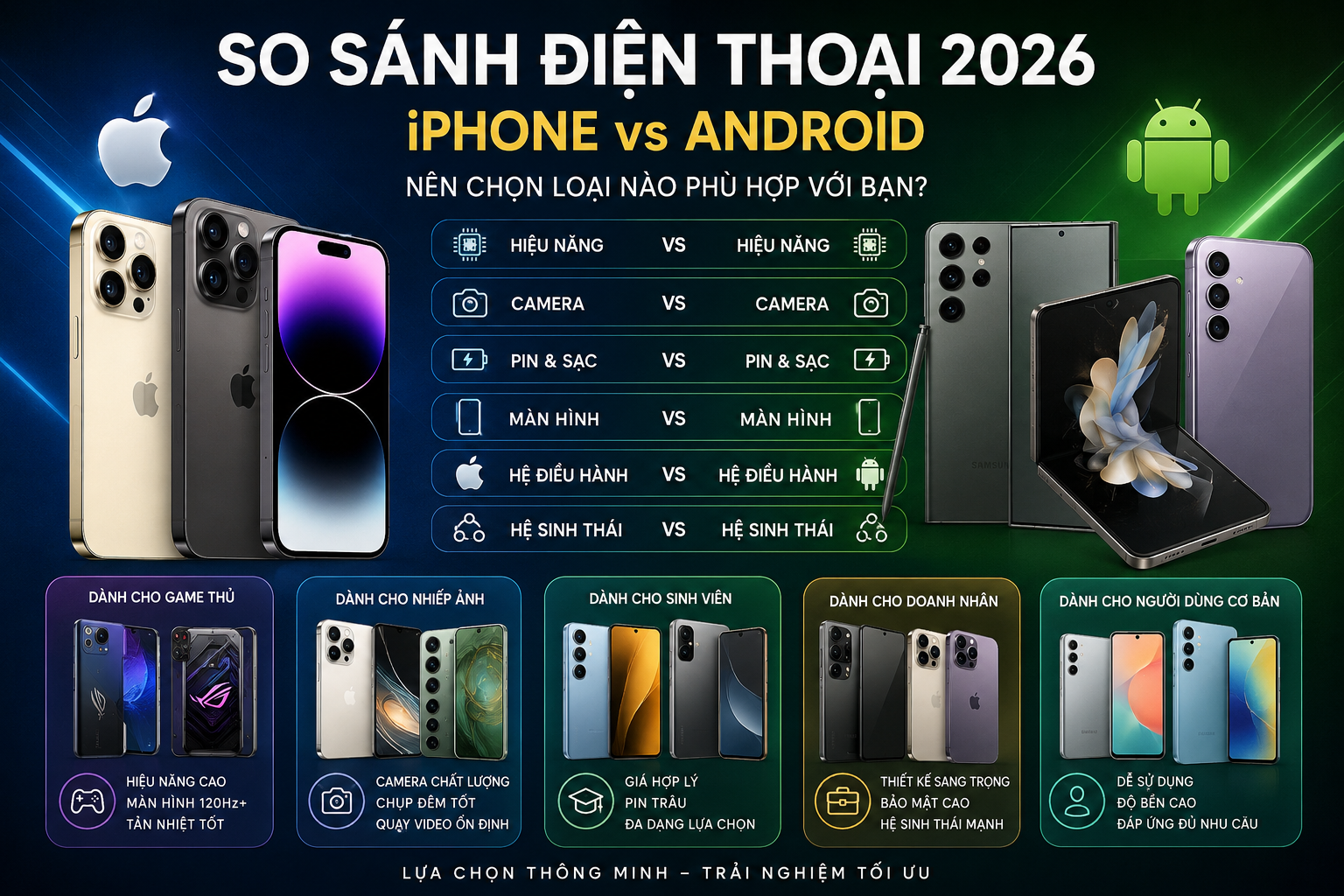 So Sánh Điện Thoại 2026: Nên Chọn iPhone Hay Android? Flagship Hay Tầm Trung?