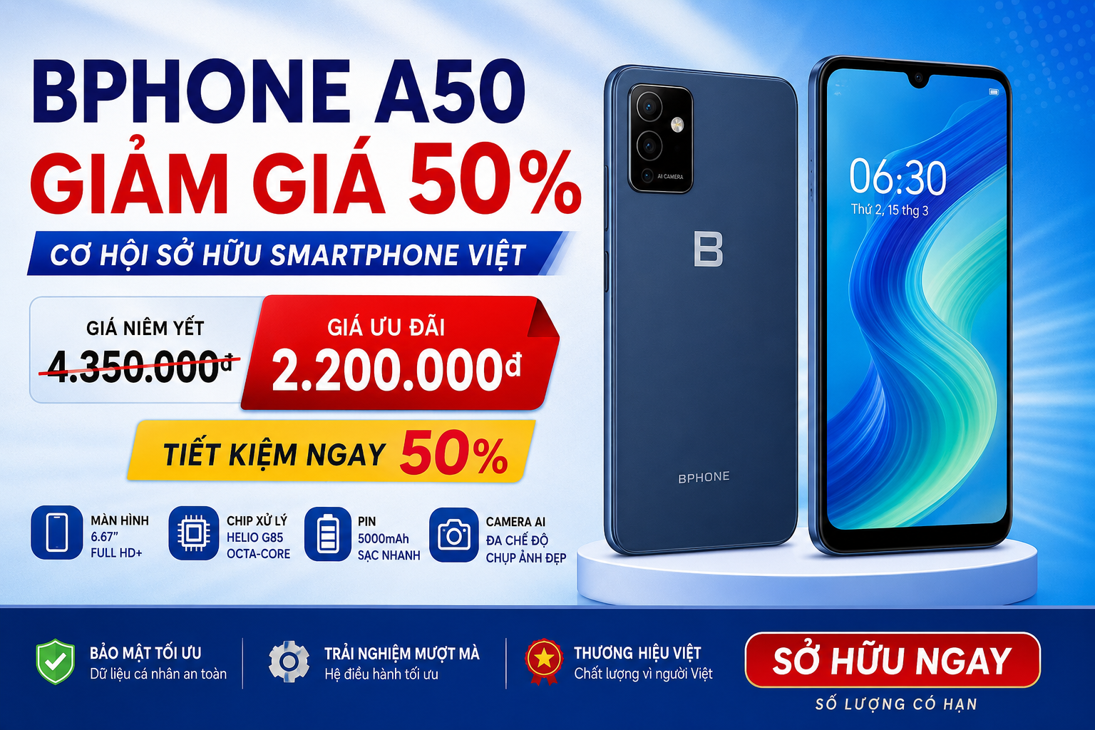 Bphone A50 giảm giá 50%: Cơ hội sở hữu smartphone Việt với ưu đãi hấp dẫn